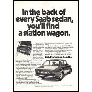 1974 Saab 99 2 Door Vintage Print Ad Large Trunk Snow Skis Winter Wall Art